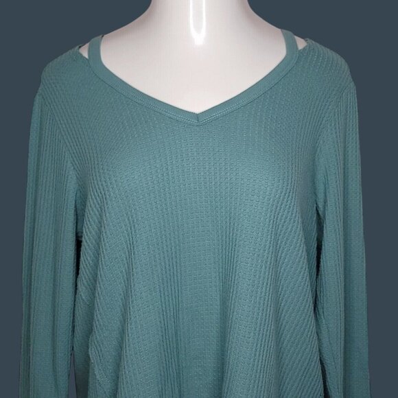 Democracy Womens Top L Waffle-Knit V-Neck Long-Sleeve Hi-Lo Pullover - Picture 1 of 6
